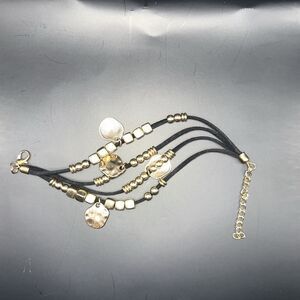 Bracelet Women 4 Strand Layered Faux Leather Oval Belcher Chain Gold Bead Charms